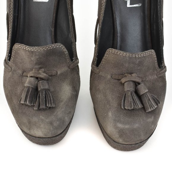 YSL: Brown, Suede Leather Platform Loafer Heels - Picture 4 of 11